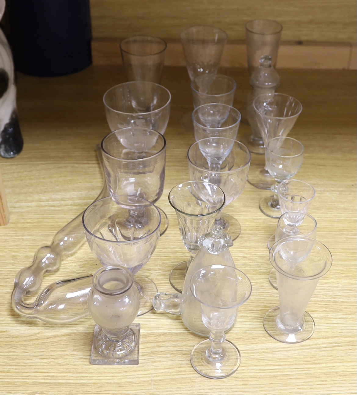 Antique and later assorted glassware including some with etched decoration, the largest 32cm in length